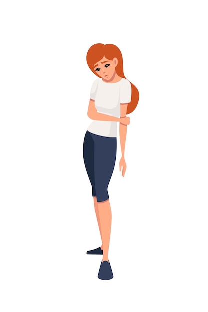 Sad redhead girl bent over hand down cartoon character design flat vector illustration