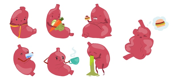 Vector sad sick cry and healthy strong happy smiling cute stomach character