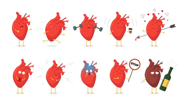 Vector sad sick unhealthy cry and healthy strong happy smiling cute heart character set medical human