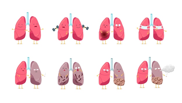 Sad sick unhealthy and healthy strong happy smiling cute lung character set human respiratory system