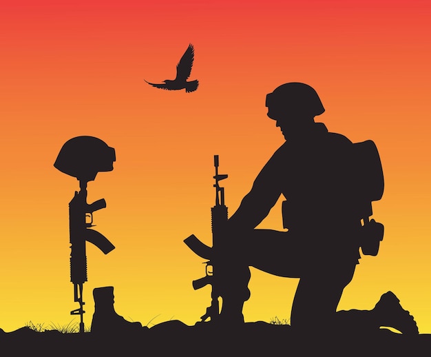 Sad soldiers troop silhouette Army soldier in sorrow for fallen comrade standing on knee leaning