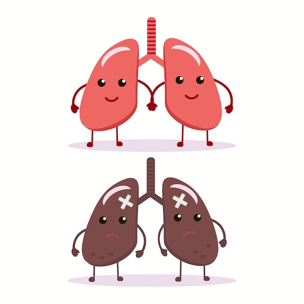 Sad suffering sick cute and healthy happy smiling lungs character Vector flat cartoon illustration icon design Isolated on white backgound