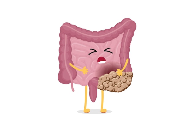 Sad suffering sick intestine colon cancer pain cartoon character abdominal cavity digestive and