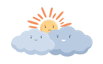 Premium Vector | Sad sun hiding behind clouds with evil smiles. cloudy  weather forecast. cute baby characters isolated on white background.  childish colored vector illustration in flat cartoon style.