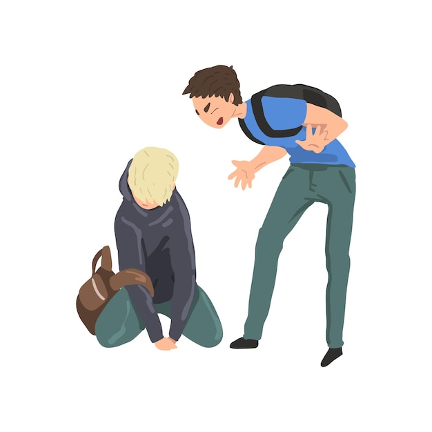 Vector sad teen boy sitting on floor another boy mocking him conflict between children mockery and bullying