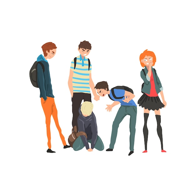 Vector sad teen boy sitting on floor surrounded by classmates mocking him conflict between children mockery