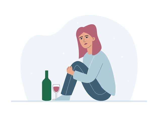 Sad teen girl with a bottle of wine and a glass