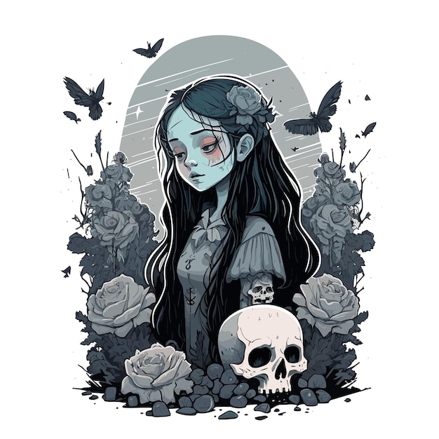 ベクトル 花、鳥、頭蓋骨を持つ悲しい十代の少女