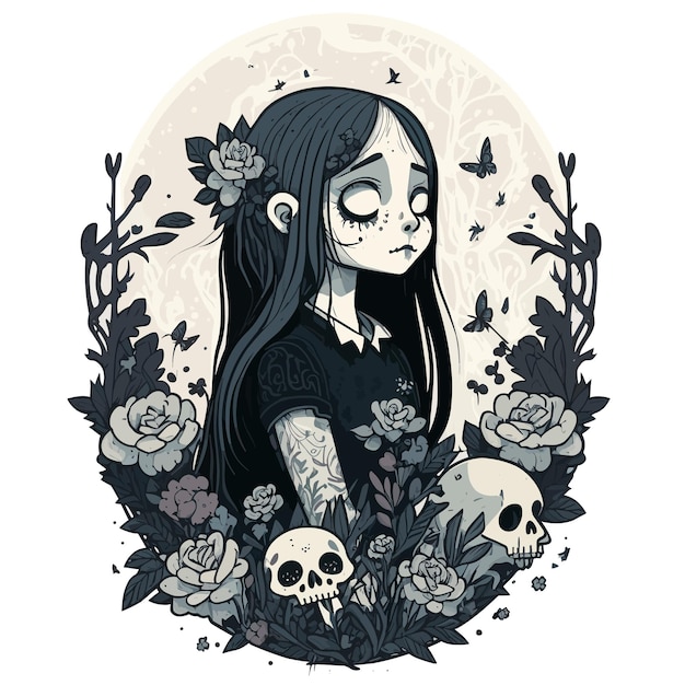 Sad teen girl with flowers, birds and skulls