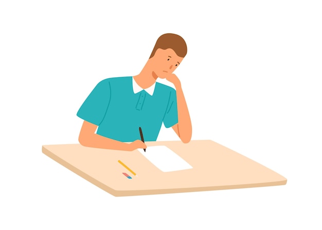 Sad teenage student having exam or writing test at the table. Scene of education, concentration and learning process. Flat vector cartoon illustration of studying pupil isolated on white background.