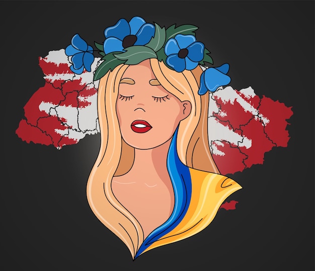 頭に花の花輪を持つ悲しいウクライナの女性。美しい女性とウクライナの地図