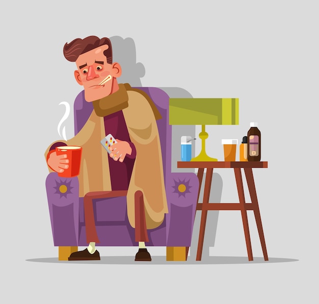 インフルエンザと風邪の熱で悲しい不幸な伐採の悪い病人のキャラクターは、錠剤を取り、お茶を飲みます。