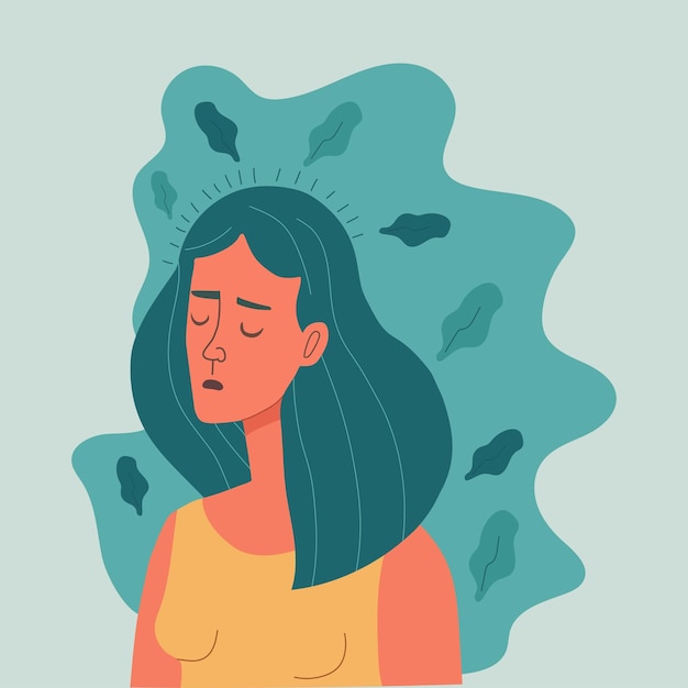 Vector sad unhappy girl depression concept flat vector illustration depressed unhappy girl mental health