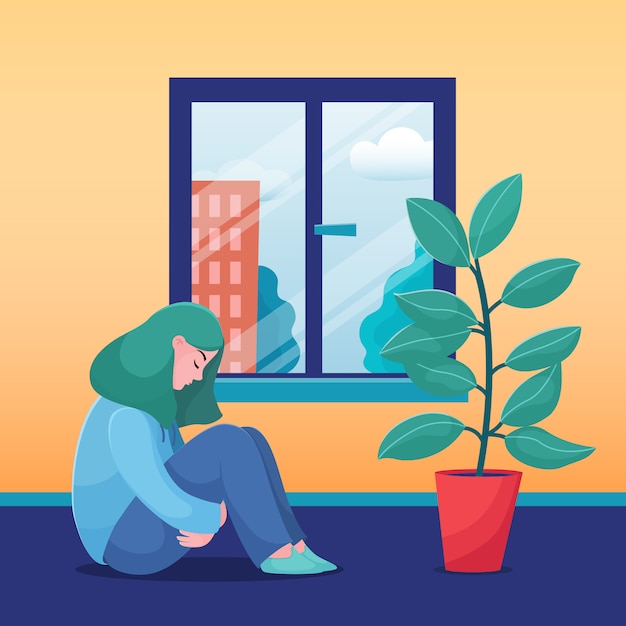 Vector sad, unhappy teenage girl, young woman sitting at home alone, sunny weather in the window, flat vector illustration