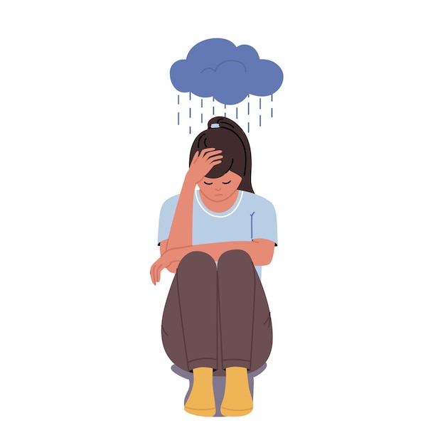 Vector sad unhappy teenage girl young woman sitting in the rain depression concept