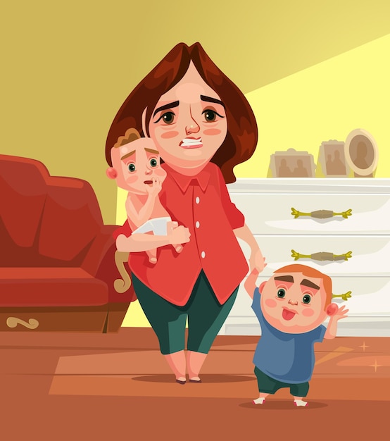 Sad unhappy tired mother character with many children flat cartoon illustration