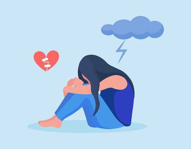 Sad, unhappy woman who suffers from mental health diseases is sitting under dark cloud. Girl with symptoms of depression disorder: broken heart, anxiety, crisis, tears, exhausted, overworked, tired