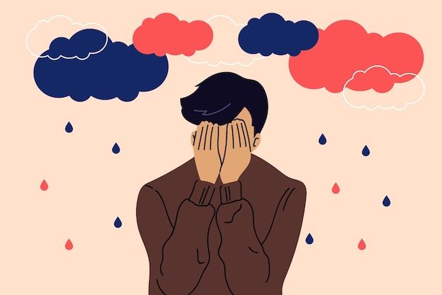 Vector sad unhappy young man under dark clouds and rain psychology depression bad mood vector