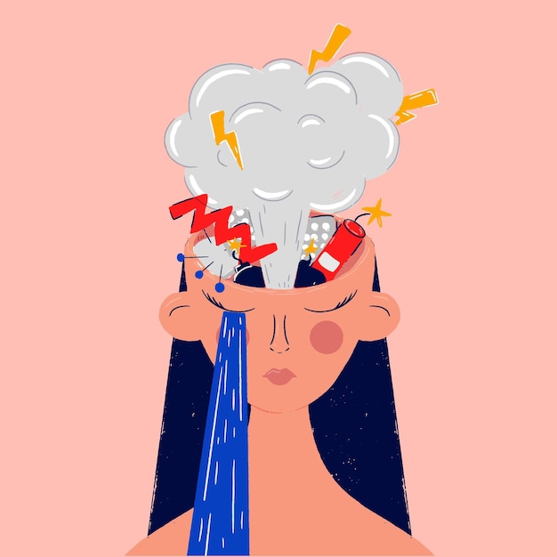 Sad, unhappy young woman depressed with blowing mind. psychology, depression, bad mood, stress. flat vector illustration. mental health problems and antidepressants concept.