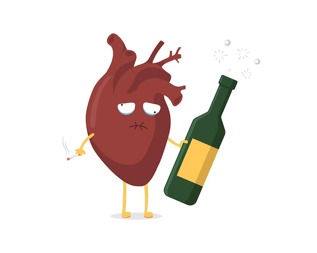 Sad unhealthy sick cartoon heart character with alcohol bottle and cigarette human circulatory organ