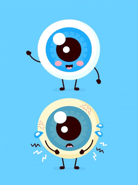 Sad unhealthy sick and happy smiling healthy strong human eyeball organ.