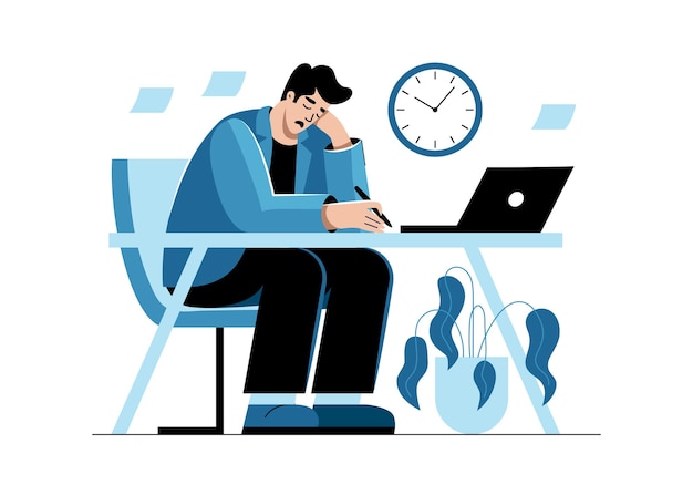 Vector a sad upset man is sitting at his desk in the office the guy doesnt make it to the deadline cart