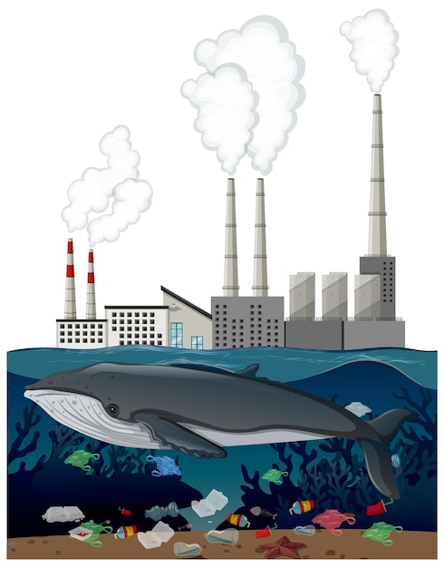 Vector sad whale and pollution factory a sea full of trash