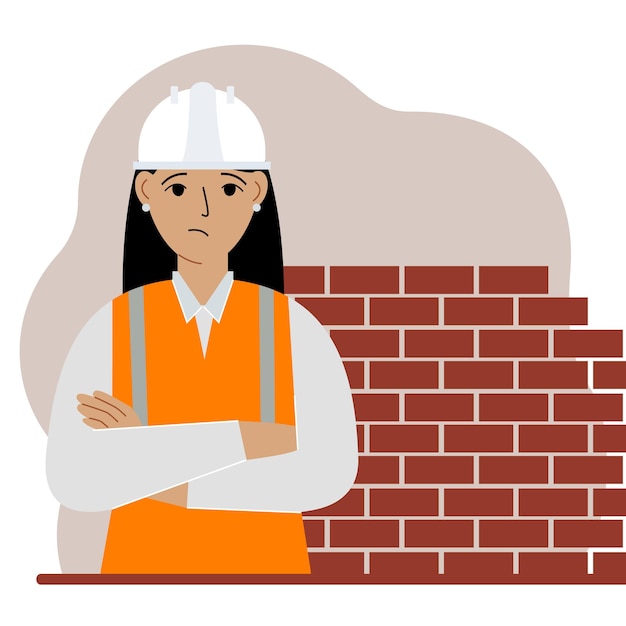 白いヘルメットとオレンジ色のベストを着た悲しい女性の建設労働者。エンジニア。ベクトルフラットイラスト