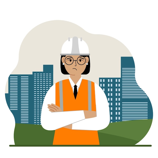 Sad woman constructor against the backdrop of the city and high apartment buildings. vector