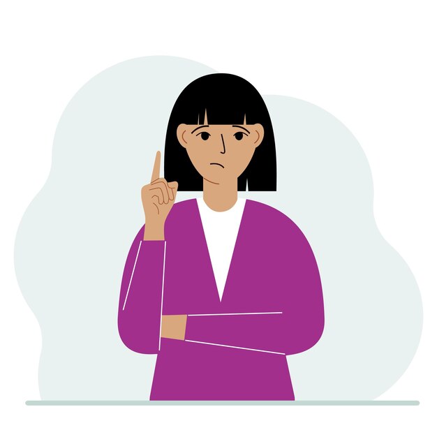 Sad woman holding his index finger up. Vector flat illustration