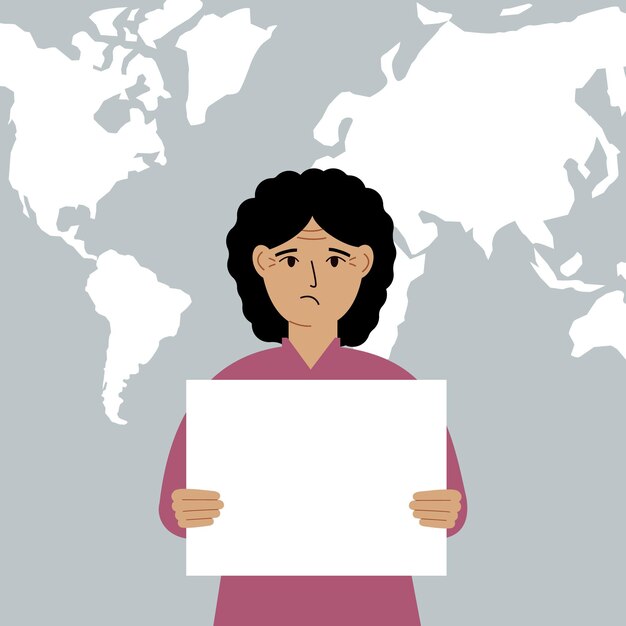 A sad woman holds and shows a white blank sheet or a poster Against the backdrop of the karate of the world Vector flat illustration