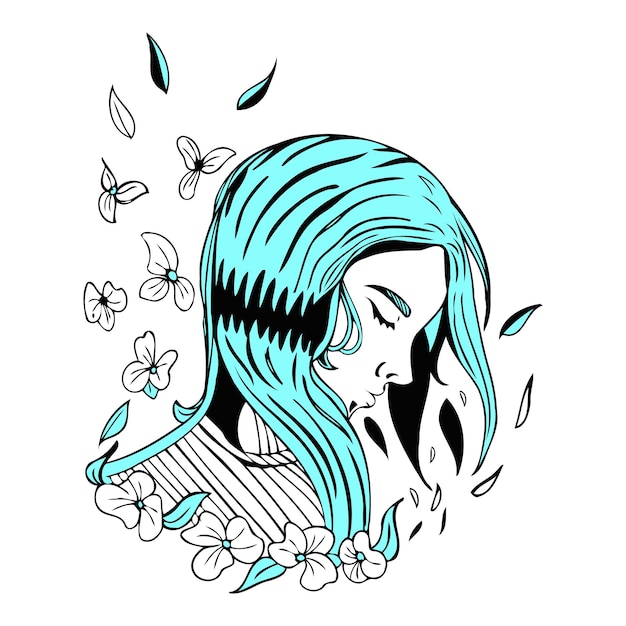 Sad woman illustration with flowers