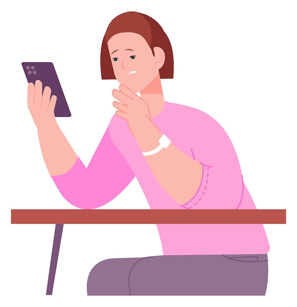 Vector sad woman looking at smartphone screen bad news financial failure