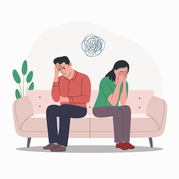 Vector sad woman and man sitting on the sofa with head in hands vector flat cartoon illustration