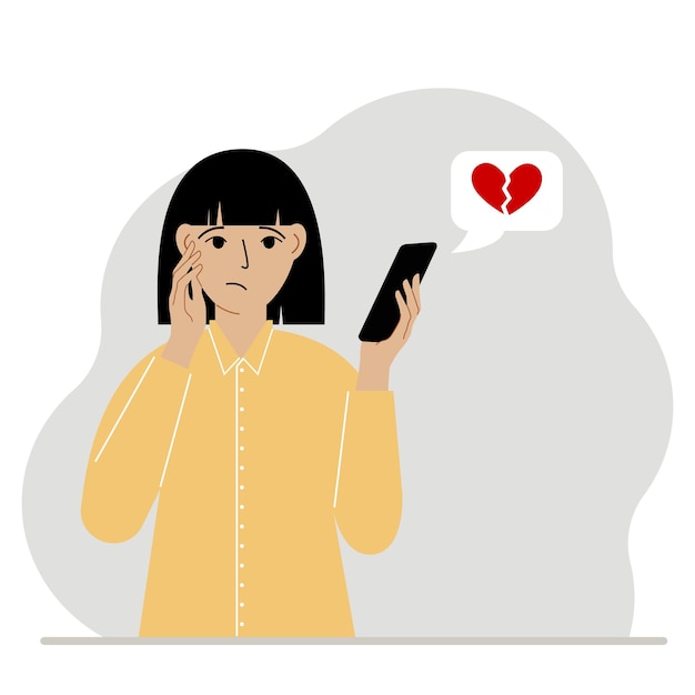 Sad woman reading a message on his mobile phone Message with a broken red heart Vector flat illustration