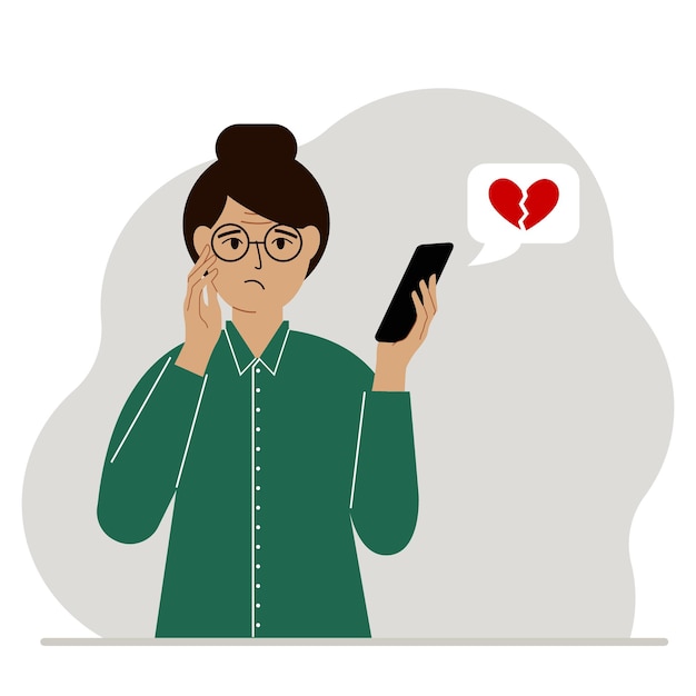 Sad woman reading a message on his mobile phone Message with a broken red heart Vector