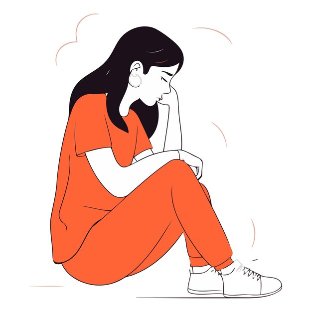 Sad woman sitting on the floor in sketch style