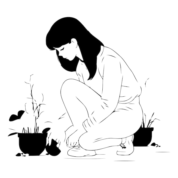 Sad woman sitting on the floor with flowers in pots