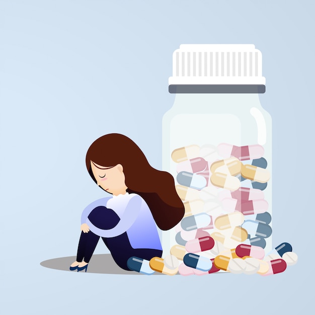 Vector sad woman sitting near pill bottles.