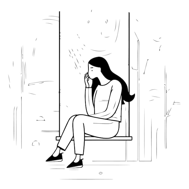 Vector sad woman sitting on the window in the city