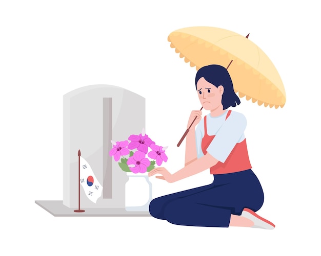 Vector sad woman on soldier grave semi flat color vector character