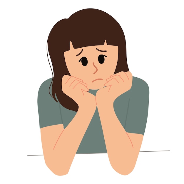 Sad woman with both hands on chin illustration