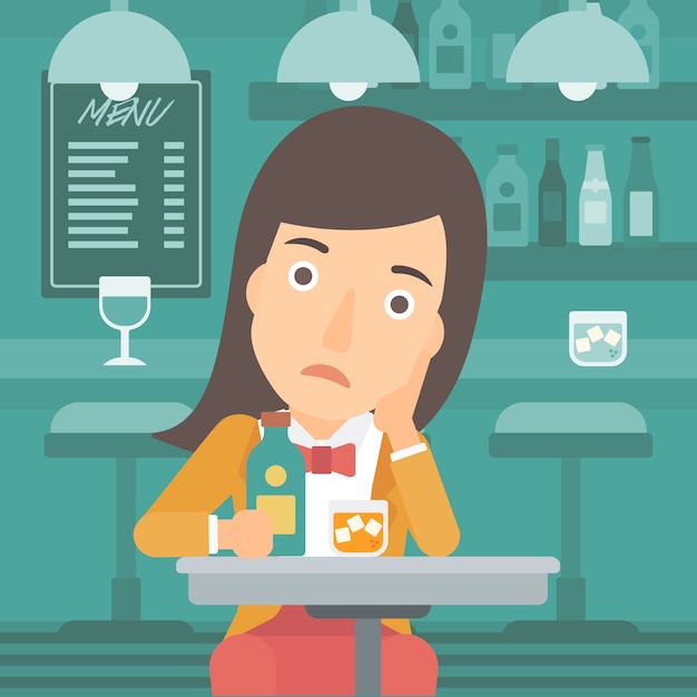 Vector sad woman with bottle and glass.