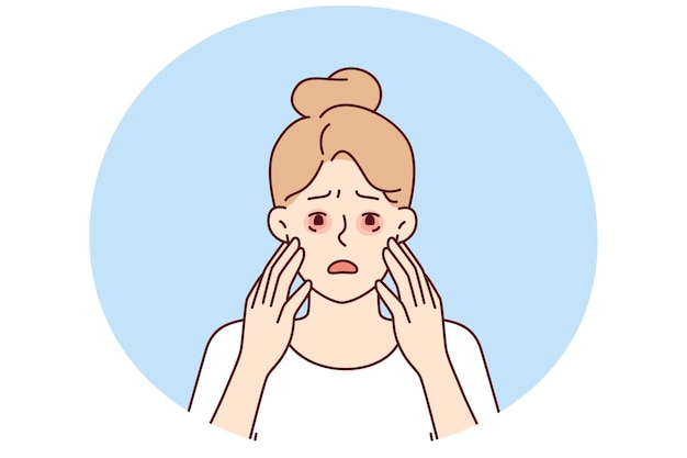ベクトル 食事による刺激やアレルギー反応による目が赤く乾燥した悲しい女性