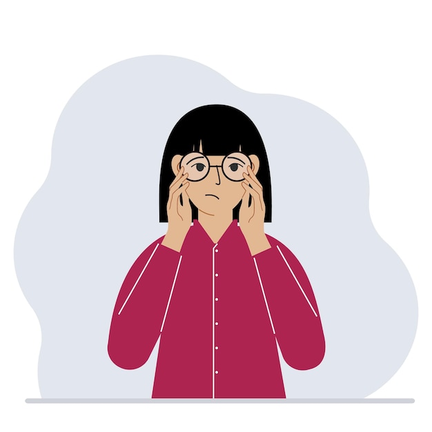 Vettore donna triste con gli occhiali. concetto di problema di vista. illustrazione piatta vettoriale