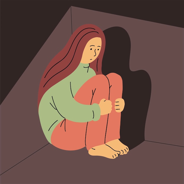 Vector sad young woman in the corner