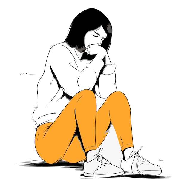 Vector sad young woman sitting on the floor sketch