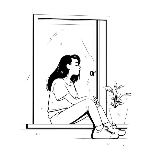 Sad young woman sitting in front of the window