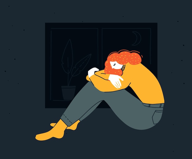 Sad young woman sitting hugging her knees at night. Depression illustration, insomnia disorder. Unhappy redhead girl in yellow shirt at home.