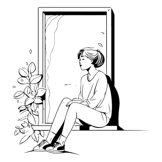 Vector sad young woman sitting near the window in cartoon style